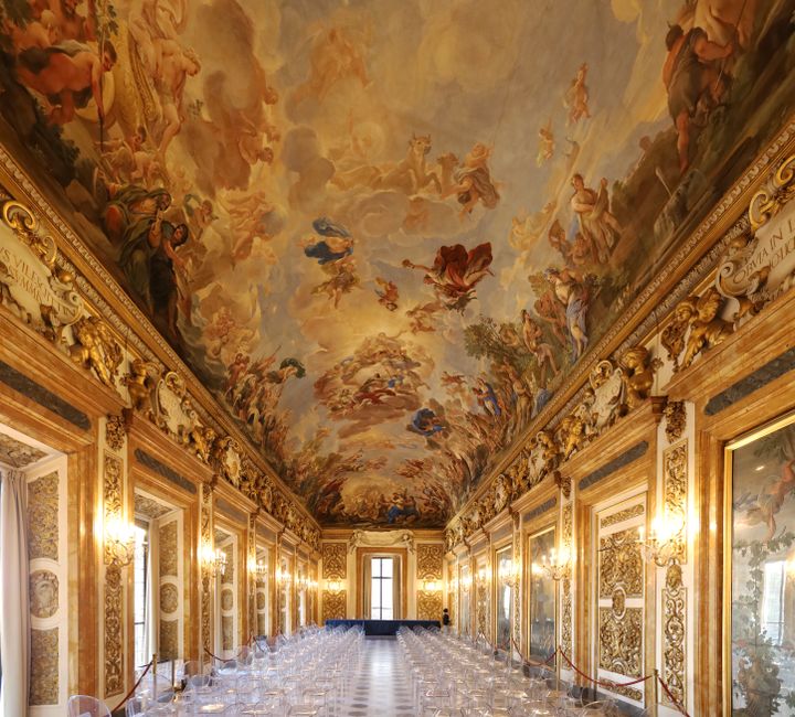 Explore the opulent frescoed hall of Palazzo Medici Riccardi in Florence, rich with historic art and architecture.